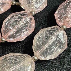 Vintage Lucite Necklace Pink Crackle Bead Silver Tone 28" Long